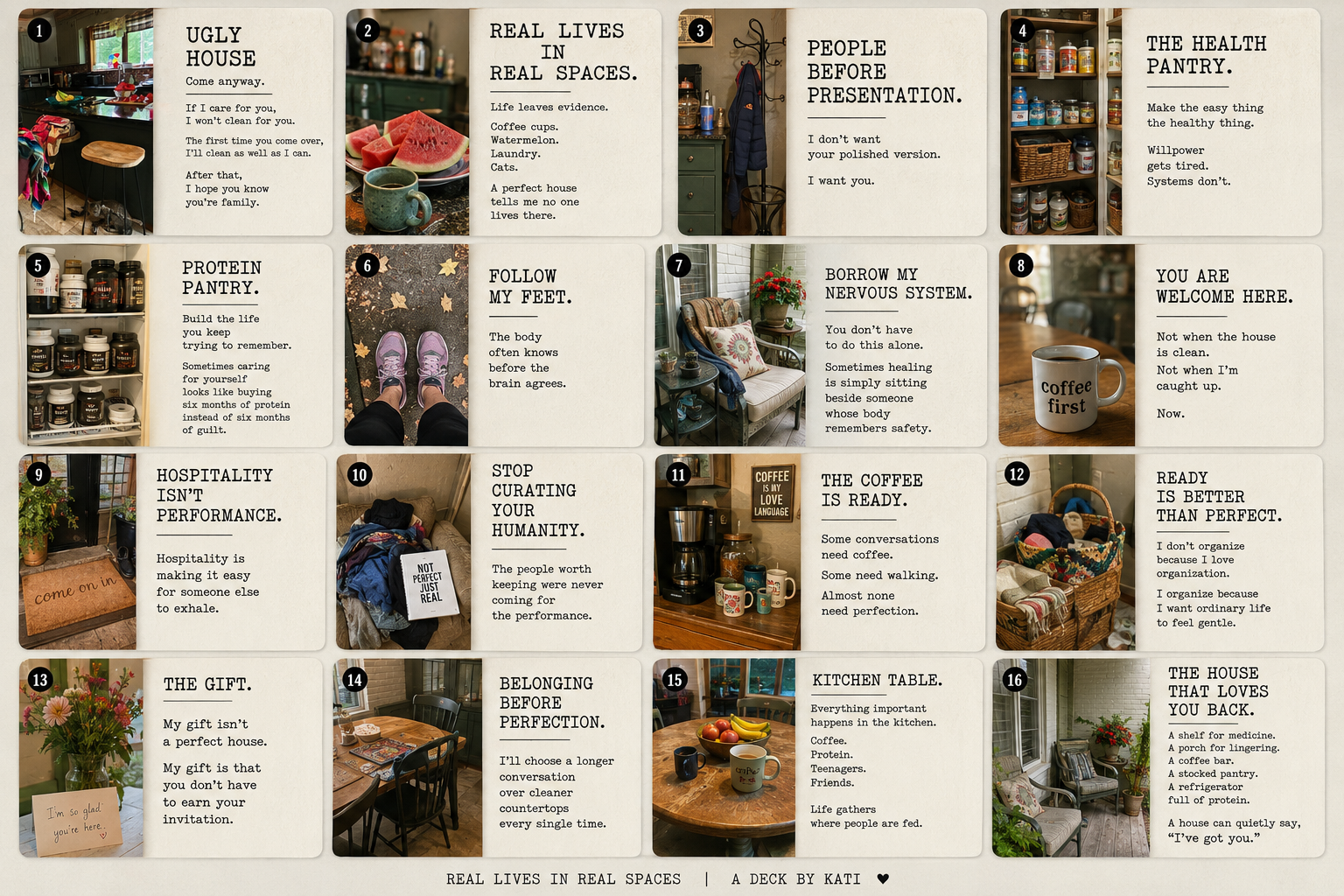 Real Lives in Real Spaces — a deck layout showing 16 cards about ordinary hospitality